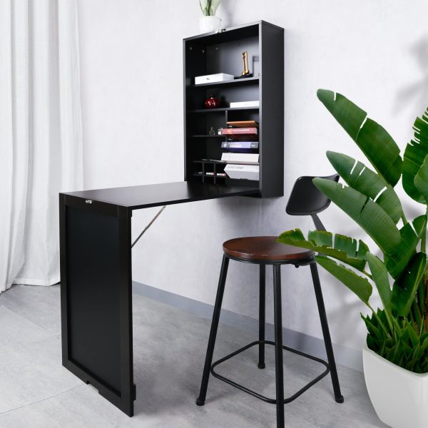 Utopia Alley SH0002CH201 Collapsible Fold Down Desk Table with Storage Cabinet & Shelves - Wall Mounted Desk Furniture with Chalkboard Wall - Computer Desk With Storage for Small Spaces - Espresso Chocolate on Sale - Image 2