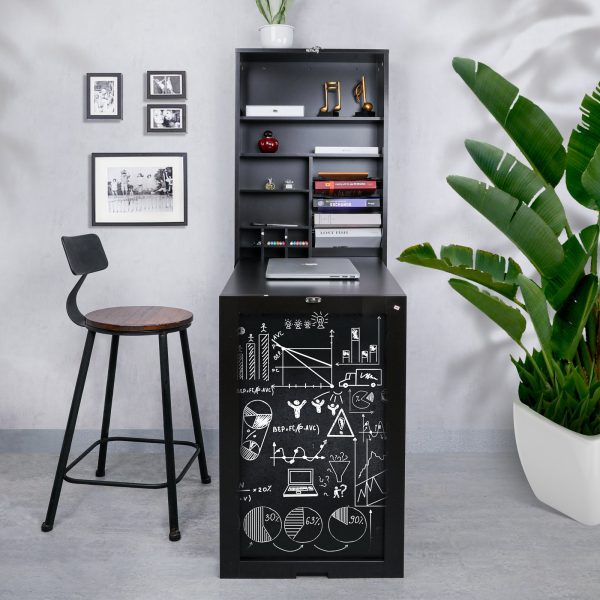 Utopia Alley SH0002CH201 Collapsible Fold Down Desk Table with Storage Cabinet & Shelves - Wall Mounted Desk Furniture with Chalkboard Wall - Computer Desk With Storage for Small Spaces - Espresso Chocolate on Sale