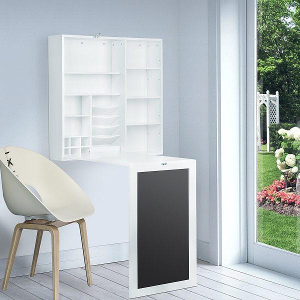 Utopia Alley SH0071PAWW011 Collapsible Fold Down Desk Table with Storage Cabinet & Shelves - Wall Mounted Desk Furniture with Chalkboard Wall - Computer Desk With Storage for Small Spaces - White Sale - Image 2