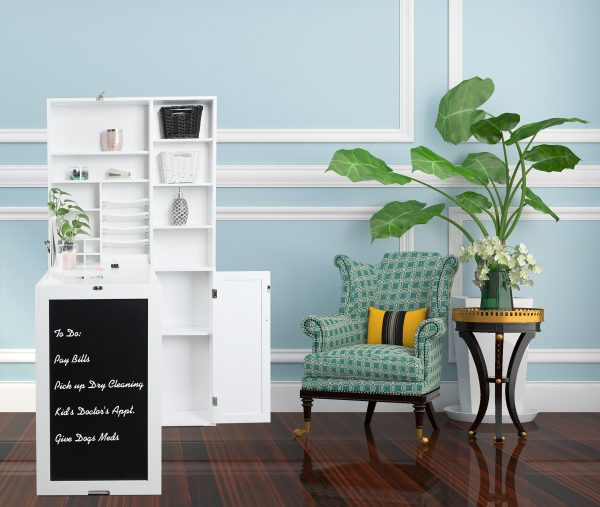 Utopia Alley SH4WW Collapsible Fold Down Desk Table with Large Storage Cabinet  & Bottom Shelves - Convertible Foldable Desk Furniture with Chalkboard Wall - Computer Desk with Storage for Small Spaces - White Sale